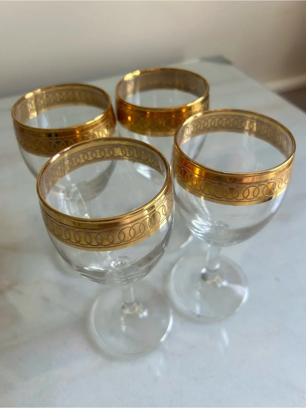 Vintage Italian Crystal Gold Rim Wine Glasses Set of 4 Gold Encrusted Stemware - Picture 3 of 9